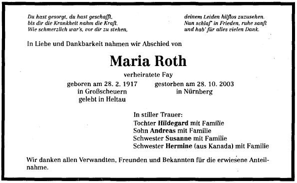 Roth Maria 1917-2003 Todesanzeige